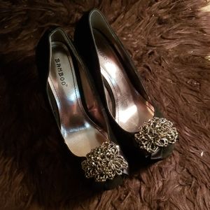 Bamboo Black Velvet Wedges